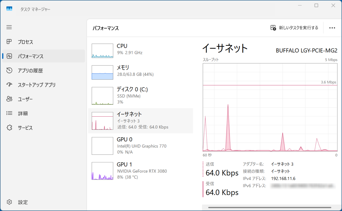 タスクマネージャーのスクリーンショット